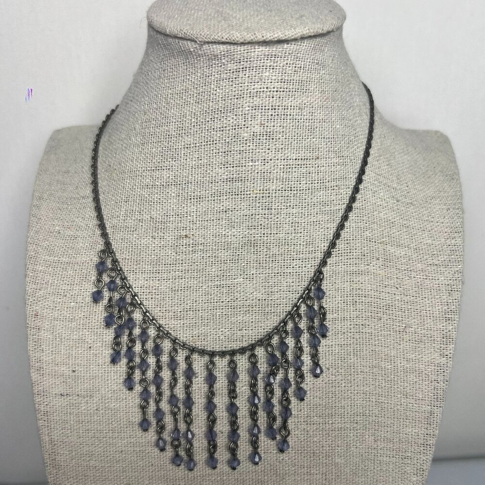 Vintage Rose Black Glass Bead Bib Necklace Antique Tone